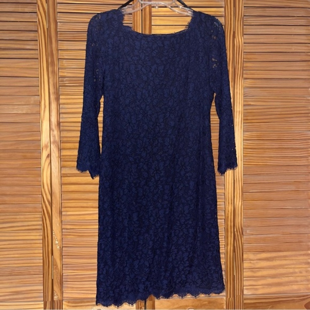 Diane Von Furstenberg Zarita Lace Midnight Blue Sheath Dress Size 10 - Picture 2 of 15
